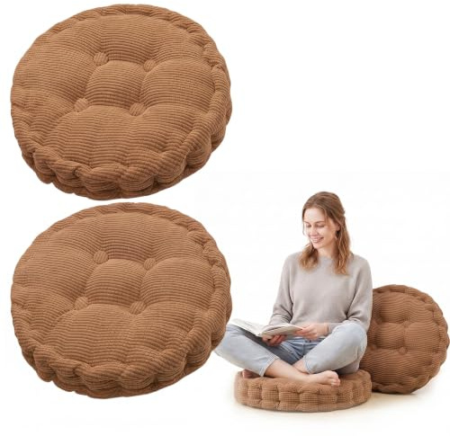 2er Set Stuhlkissen Rund, Dicke Bodenkissen Sitzpolster Outdoor/Indoor, Sitzkissen 40 x 40 cm, Kissen für Gartenstühle Balkonstuhl, Sitzkissen Stuhl Stuhlauflage für Esszimme Wohnzimmer (Braun)