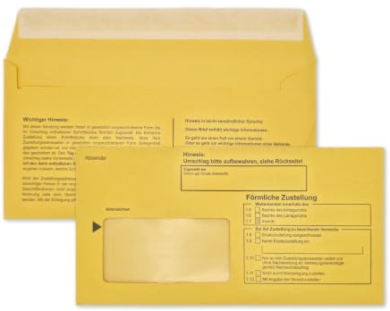 Innere Postzustellungshüllen - 500 Stück - Förmliche Zustellung - DIN Lang | Postzustellungsumschläge Gelb mit Haftstreifen, Fenster links & Kreuz Inland, Recycling 80 g/m², mit Einsteckschlitz, 749021