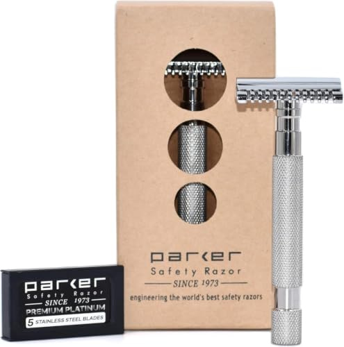 Parker Safety Razor 68S Edelstahl Griff zweiseitige Sicherheits-Rasiermesser mit offenem Kamm Kopf & 5 Klingen