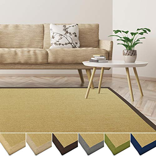 casa pura Teppich aus Sisal, umweltfreundlich, rutschfest, strapazierfähig, ideal für Wohnzimmer, Schlafzimmer, Küche | Natur mit braunem Rand – 40 x 60 cm