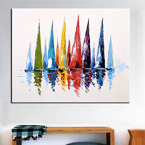 WunM Studio Ölgemälde Auf Leinwand Handgemalt,Abstrakte Landschaft Messer Gemälde, Bunte Dreieck Segelboote Und Reflexion,Große Kunst Wand Dekor Für Haus Wohnzimmer Schlafzimmer Büro Hotel Cafe