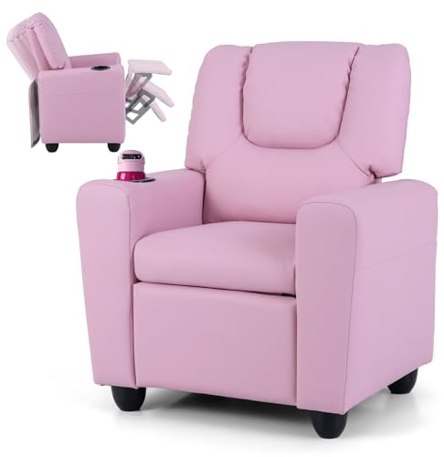 HONEY JOY Kids Recliner, 2-in-1 Toddler Armrest Sofa Couch with Cup Holders, Adjustable Footrest, PU Leather, Child-Size Recliner Chair for Boys Girls Age 3+ (Pink)