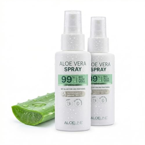 ALOE Line Aloe Vera Spray 99% bio, alkoholfrei, vegan, 2 x 100 ml, mit Allantoin, Panthenol, Feuchtigkeitspflege für Gesicht, Körper, Haare, After Sun kühlend, ohne Duft- und Farbstoffe