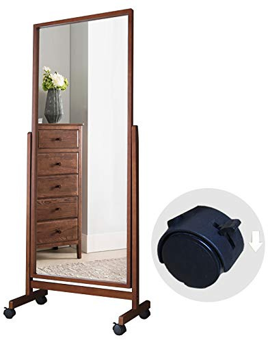 AISUNDY Swivel Full Length Mirror on Wheels 65x22, Free Standing Wood Frame Cheval Floor Mirror for Dressing, Full Body with Stands, Tilt Angle Adjustable, Brown