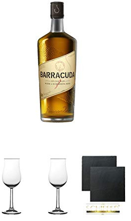 Barracuda Spiced Rumlikör aus Deutschland 0,7 Liter + Nosing Gläser Kelchglas Bugatti mit Eichstrich 2cl und 4cl 2 Stück + Schiefer Glasuntersetzer eckig ca. 9,5 cm Ø 2 Stück