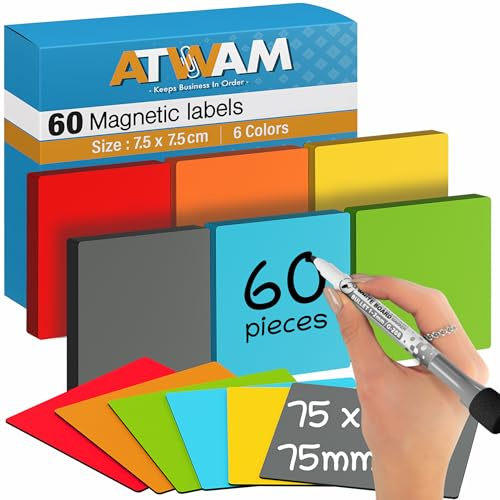 ATWAM 60 Magnetiska Remsor Skrivbara - 75 x 75 mm - 6 Färger | Scrum & Kanban - Skrivbara Magneter - Magnetar för Whiteboard, Magnettavla, Kylskåp