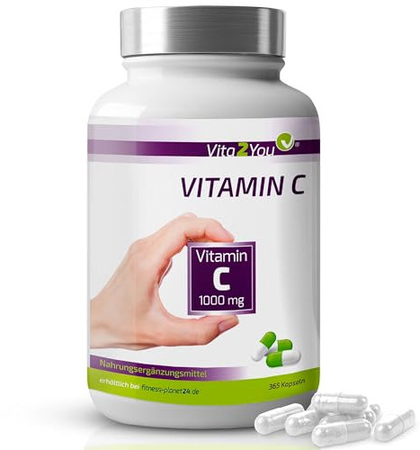 Vita2You Vitamin C 1000mg - 365 Kapseln - 1000mg pro Kapsel - Vitamin C - Hochdosiert - ohne Zusätze - Vorratspackung - Premium Qualität