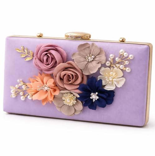 Shiiriin - Bolso de mano para mujer, diseño floral 3D, hecho a mano con perlas, perfecto para novias, bodas y fiestas, Lila, Standard