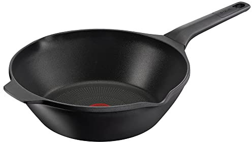 Tefal E24919 Robusto Aluguss Wokpfanne 28 cm, einfache Reinigung, Antihaftversiegelung, Thermo-Signal Temperaturanzeiger, spülmaschinenfest, induktionsgeeignet, Schwarz