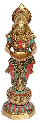 ARTVARKO™ Paavai Vilakku Diya Brass Multicolor Stone Handwork Welcome Lady Laxmi Deepluxmi Puja Decorations Indian Diwali Oil Lamp Pooja Light Lamps Mandir Home Décor Lamps 13 Inch