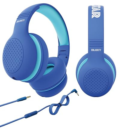 MAJORITY Wired Kids Headphones Over Ear | Comfort Soft Cushion Earpads | Lightweight & Fully Foldable Childrens Headphones Superstar | 85-94db Volume Limiter for School, Travel & Home | Blue