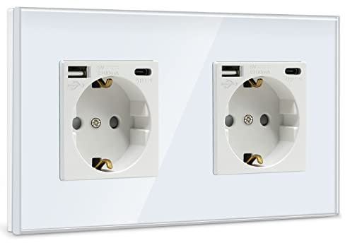 BSEED Doble Enchufe de Pared USB(Max. 2.1A) con Tipo C Port,Blanco Schuko Enchufe,Toma de Corriente con 2 x Cargadores USB y Tipo C Adecuado para Smartphone MP3 Tablet,para Cocina,Dormitorio