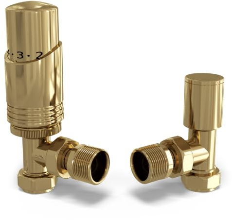 UK Radiators Angeled Thermostatic Radiator Valve 1/2 x 15mm - Talus Bold | Antique Brass Finish - Solid Brass 1/2 x 15mm Angled - Lockshield Included, Easy Installation