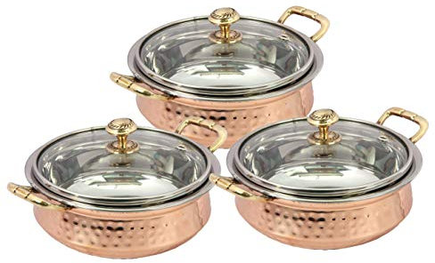 Devyom Handicraft Set of 3 Indian Hammered Copper Stainless Steel Serving Bowl for Food Soup with Handle and Glass lid Decorative seveware Size- 5 Inch
