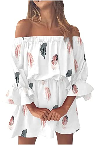 Damen Sommerkleid Sexy Schulterfreies Kleid Sommer Blumen Minikleid Off Shoulder Glocke Ärmel Elegant Vintage Kleider Kurz Boho Blumenkleid Festlich Partykleid Strandkleid Sommerkleider