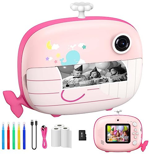 Ushining Cámara Instantánea Niños, 10X Zoom 1080P Videocámara con Pantalla de 2,4 Pulgadas Cámara Fotos Infantil Instantanea con Tarjeta TF de 32GB y Papel de Impresión, Regalos para 3 a 14 Años, Rosa
