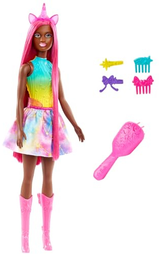 Barbie Einhorn-Puppe mit ca. 18 cm Langen, magentafarbenen Fantasy-Haaren und bunten Accessoires zum Stylen wie einem Einhorn-Haarreifen und -Schwanz, HRR01
