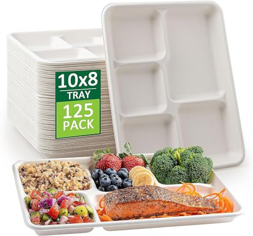 MSYU Lot de 125 assiettes en carton 100 % compostables à 5 compartiments - Plateau à déjeuner jetable de qualité supérieure - Respectueux de l'environnement - Fabriqué en fibres de canne à sucre