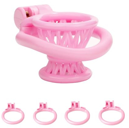 SeLgurFos Chastity Cage Negative Belüftung Keuschheitskäfig Herren mit 4 Cock Rings Male Klein Fischkorb Peniskäfig BDSM Sklave Bondage SM Sexspielzeug für Männer (Pink)