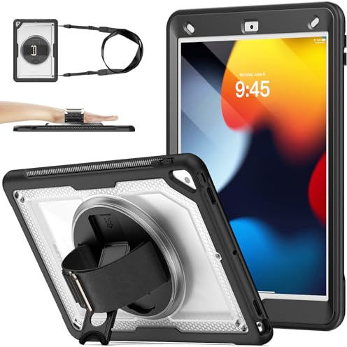 SEYMAC stock Case for iPad 9th/8th/7th Generation 10.2'' 2021/2020/2019 | Frosting-Anti-Slip Shockproof, with Screen Protector, 360° Rotating Hand Strap/Stand, Pen Holder, Shoulder Strap, Clear/Black