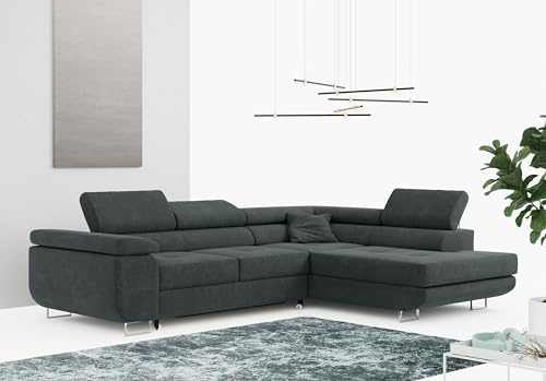 MKS MEBLE Ecksofa Wohnzimmer - Wohnlandschaft - Schlafsofa mit Bettkasten - Polstersofa mit Schlaffunktion - Stukture L Couch - Gustaw - Rechts - Dunkelgrau (Matana 5)