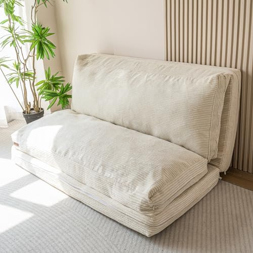 MAXYOYO Sitzsack-Bett, faltbar, Cordsamt, Schlafsofa, Bodenmatratze für Erwachsene, extra dick, 4-Fach gefaltet, Bodencouch für Schlafzimmer, Wohnzimmer, Beige, 100 x 240 cm