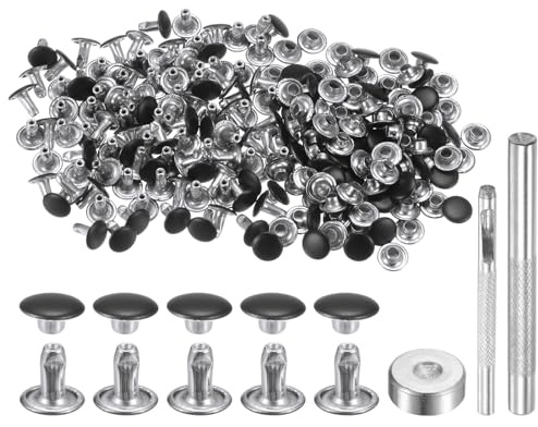 QUARKZMAN 100 Ensembles de Rivets en Cuir 8mm x 8mm en Métal avec Double Capuchon, Attaches Pression et 3 Outils de Pose Rivet à Frapper pour Réparation, Artisanat Cuir, Couleur Noir Mat