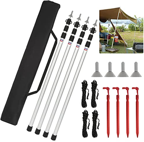 ISOISL Zeltstange, Zeltstangen Alu Verstellbares von 87.5cm bis 234.5cm,Zeltstangen Teleskop für Camping,Zeltstange 3 Segmenten,Teleskopstange für Zelte Tarp,Silber,mit Aufbewahrungstasche(4er Set)