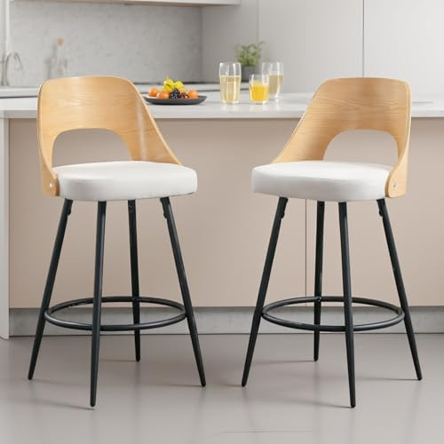 chairus 2er Set Leinen Barhocker für Küchen Armlose Tresenhocker für Wohnzimmer Barstuhl mit Rücklehnen aus Holz Wohnzimmer (Beige)