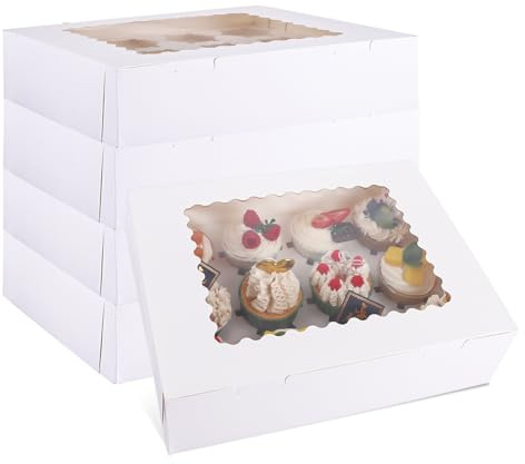 ASelected 12 Pcs Cupcake Boxes 12 Hold Standard Cupcakes Cavity Cupcake Boxes with Window And Removable Inserts, Stickers For Carrying And Displaying Tasty Muffins, Fairy Cakes, And Treats (White)