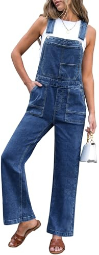 luvamia Baggy Denim Overalls for Women Stretchy Straight Wide Leg Bib Adjustable Strap Dungaree Jeans Jumpsuit for Women Loose Fit Casual Overall Classic Blue Size Medium US Size 8-10