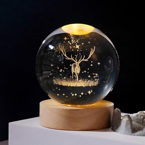 Sfera di cristallo 3D con luce a LED, luce notturna, decorazione natalizia con base in legno, lampada a sfera incisa al laser, decorazione natalizia per la casa regalo (F x 8 cm)