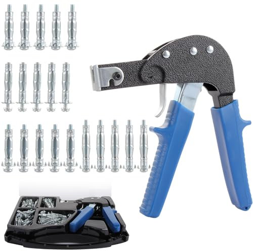 LOPYXBR 72PCS Hollow Wall Anchor Setting Tool，M4/M5 Cavity Wall Fixings Kit for Plasterboard Heavy Duty, Blue Metal Plaster Board Rivet Gun Set, Plasterboard Anchor Fixings Kit with Carry Case