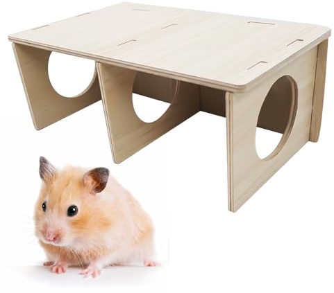 HIXNUG Maison en bois naturel pour hamster - Cachette multi-chambres avec tunnel - Jouets d'exercice pour hamster nain, rat, gerbille, souris
