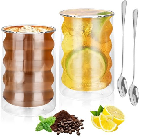YYTECH Latte Macchiato Gläser 2er-Set, Doppelwandig Cappuccino Tassen aus Borosilikatglas, Doppelwandig Kaffeeglas, Mit Zwei Löffeln für Cappuccino, Latte, Blütentee, Milchshakes (375ml)