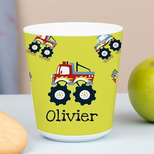 Wanapix | Kunststoffbecher mit Namen für Kinder | Unzerbrechlicher Trinkbecher Personalisierter | Schule/Kindergarten| BPA freier | 235ml | Monsters Cars