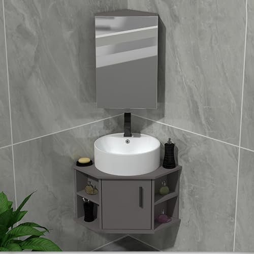 Lavabo de Salle de Bain Mural Moderne Meuble d'angle pour Petits espaces avec Miroir et lavabo.,Une Couleur - 51 cm/20 Pouces