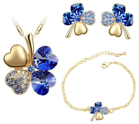 Auriselle Donna Gioielli Set Lucky Four Leaf Clover Strass Orecchini Collana Bracciale 3 Pezzi Donna Gioielli con Cubic Zirconia Regali di Nozze per Signore, Blu