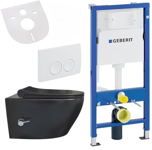 Belvit Wand WC Set spülrandlos Schwarz matt mit Taharet Bidet | Warm-Kaltwasser, Softclose, passend für Geberit UP100