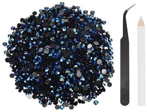 sourcing map 2500 unidades de diamantes de imitación de resina SS20 de 5 mm, gemas de brillo redondas a granel con herramientas de recogida para manualidades, vasos, tazas, ropa, color negro y azul AB