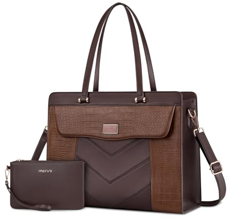 MOSISO Laptoptasche Damen, 15,6 Zoll PU Leder Handtasche Groß Arbeitstasche | Krokodil Maserung Wasserdicht Elegant Aktentasche Lehrertasche Shopper Business Büro Tasche Laptop Tote Bag mit Clutch, Braun