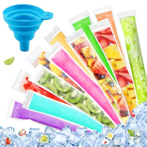 300 Bolsas para Helados(22.5 x 5.5 Cm), Bolsas para Cubitos de Hielo Caseros con Embudo,Bolsas Popsicle sin BPA Bolsas de Molde para Yogur,Caramelos, Helados,Bolsas para Paletas de Popsicle