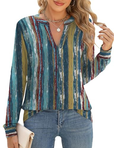 Cuptacc Chemise Femme Manches Longues Col en V Pull Femme Décontractée Imprimé Floral Chemisier Automne Rouge Vert Rayé, Moyen M 38-40