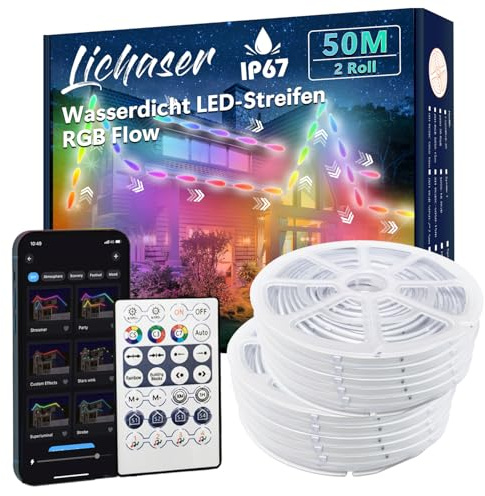 Lichaser 50m Outdoor RGB+IC LED Strip Wasserdicht Verfolgen IP67, DIY, Segmentieren von LED-Streifen mit BT App und 2.4G RF Fernbedienung für den Außenbereich