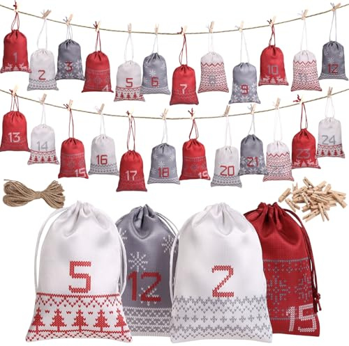Kesote Adventskalender zum Befüllen Säckchen 24 Weihnachtskalender Beutel Selber 15x10cm Mini Stoffbeutel Weihnachten Klein Stoffsäckchen DIY Tüten