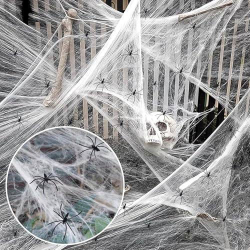 60g Spinnennetz mit 30 Stücke Spinnen, 1000m² Indoor Groß Spiderweb Gruselig Decoration, Gruselig Halloween Dekoration Spinnweben, Dehnbare Spinnennetz für Halloween Deko