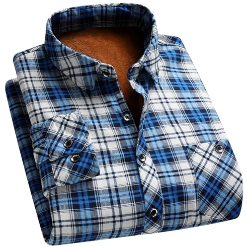 Camisa de hombre a cuadros, camisa de manga larga de forro polar, camisa térmica de invierno, camisa de botones de manga larga, camisa de ocio, camisa de hombre con bolsillo en el pecho, 06-azul, XL