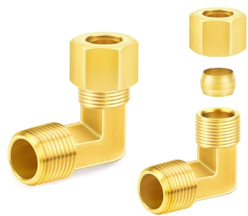 ChillWaves Brass Compression Tube Fitting, 1/2 OD x 1/2 NPT Male 90 Degree Elbow Compression Union Connector(2-PACK)