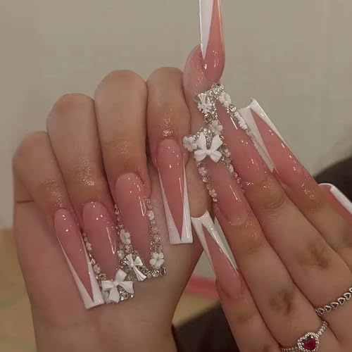 24PCS French Tip Press On Nails Long Square - Acrylic Handmade 3D Pink False Nails with White Bow Rhinestones Designs - Fake Nails Stick On Nail Full Cover French Glue on Nails for Women Nail Art DIY