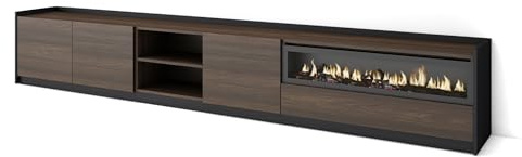 Skraut Home | Meuble TV | Banc Télé | Grand Espace de Rangement | 310x50x37 cm | pour Les TV jusqu'à 80 | Cheminée électrique | Style Moderne | Chêne foncé et Noir